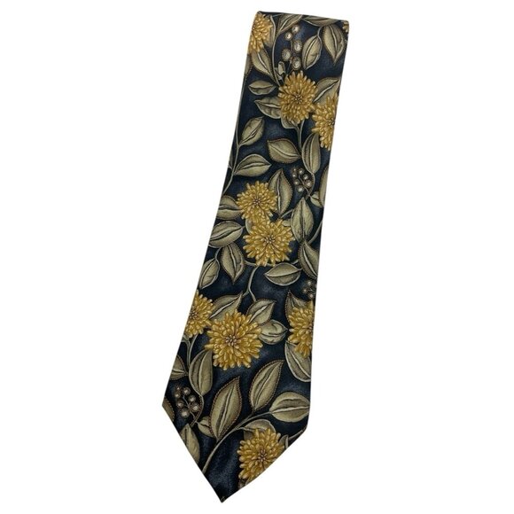 LANVIN Men's 100% Silk Necktie LUXURY Tie Gray Gold Beige Floral Leaf W:3.7" EUC